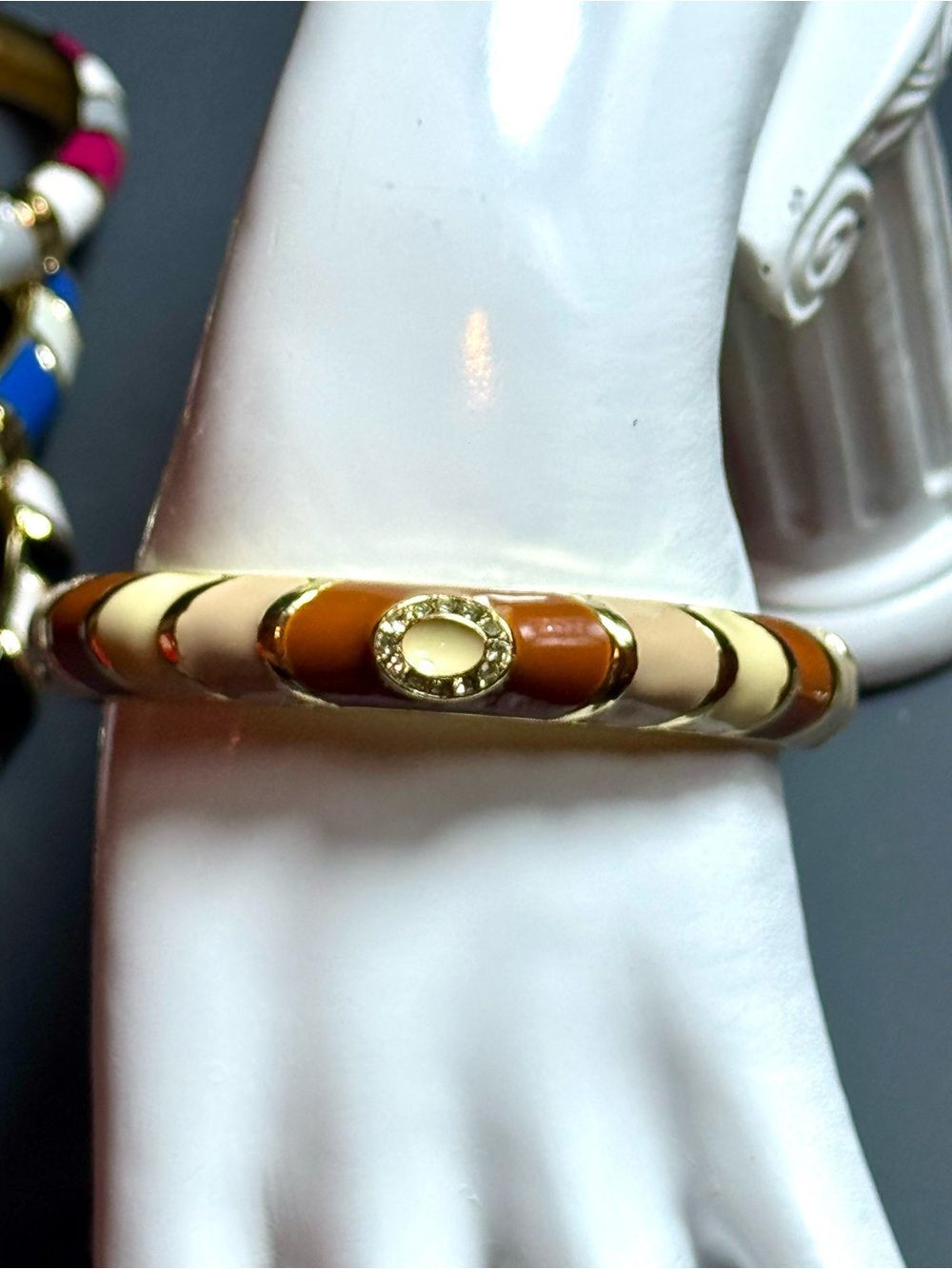 Sequin New York Jeweled Enamel Striped Hinged Bangle Bracelets NWOT Brown